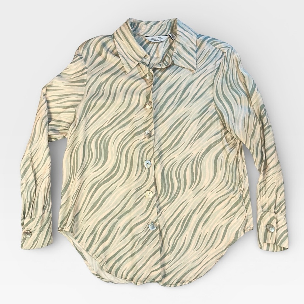 & Other Stories Green Animal Print Zebra Patterned Satin Button Down Shirt US 6